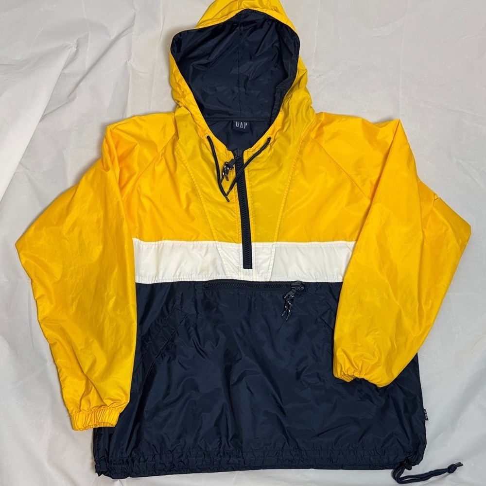 Vintage GAP Men's Hooded Windbreaker in Yellow, White, and Navy